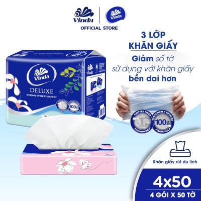 [MUA 1 THÙNG KHĂN RÚT SIZE S TẶNG 3 LỐC SIZE S + ẤM TRÀ] Khăn giấy rút cao cấp Vinda Deluxe 3 lớp 50 tờ size S (4 Gói)