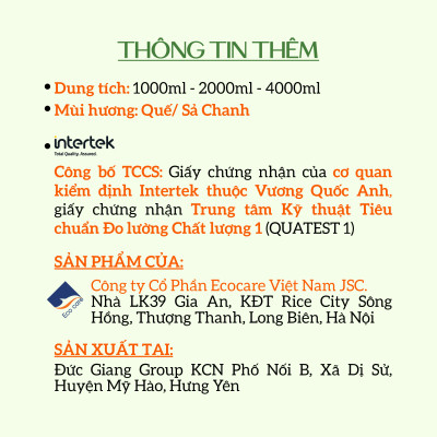 Nước lau sàn hữu cơ Bồ hòn Ecocare tinh dầu Quế 1000ml 