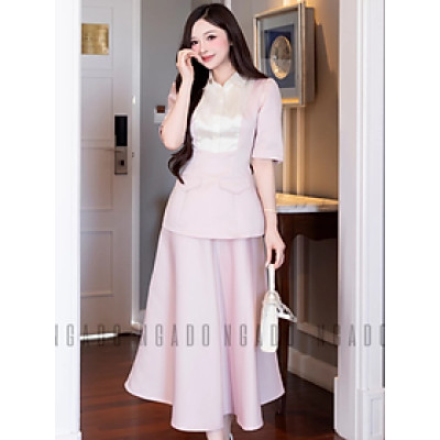 Set áo váy hồng cổ phối trắng NGADO , set áo kèm chân váy xòe , set váy công dở , dự tiệc