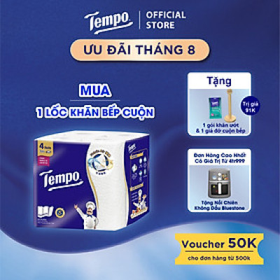 [MUA 1 LỐC KHĂN BẾP CUỘN TẶNG 1 GÓI KHĂN ƯỚT + 1 GIÁ ĐỠ] Khăn giấy bếp đa năng siêu thấm Tempo (4 Cuộn) - Thương Hiệu Đức