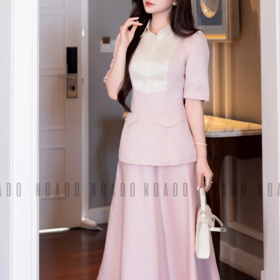 Set áo váy hồng cổ phối trắng NGADO , set áo kèm chân váy xòe , set váy công dở , dự tiệc