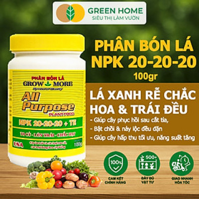Phân Bón Lá Grow More NPK 20-20-20, GreenHome, Chai 100GR, To Củ, Lớn Trái, Chắc Hạt